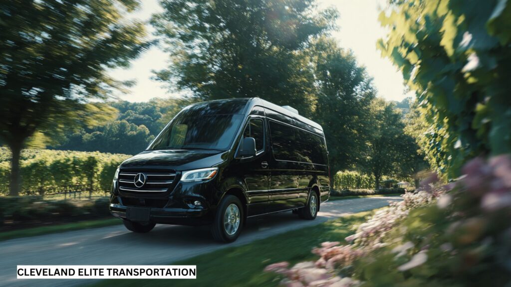 Luxurious limousine arriving at a Cleveland wine tasting event with guests enjoying elegant service.