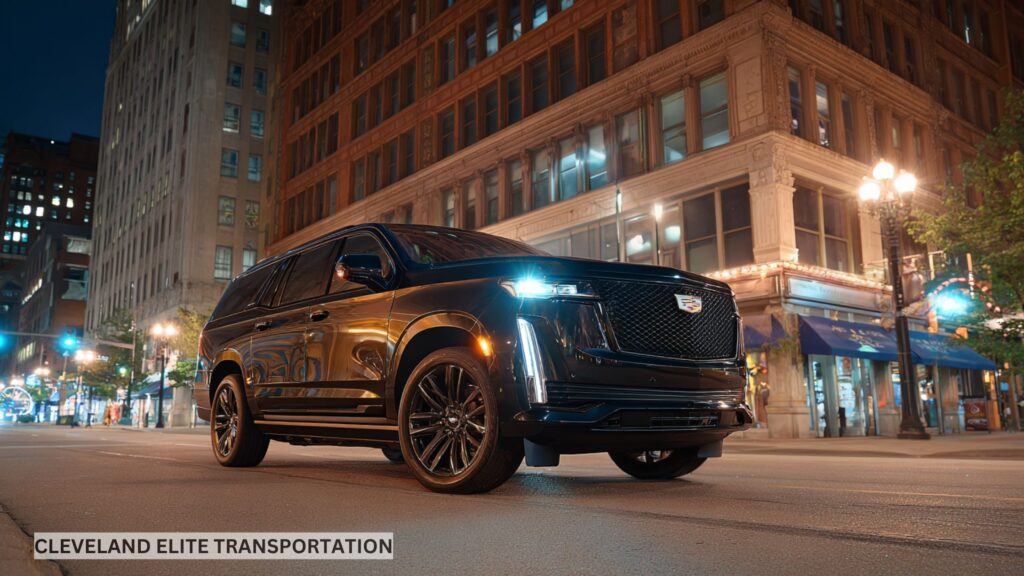 Black Cadillac SUV cruising the vibrant streets of downtown Cleveland, symbolizing luxury and style in group transportation.