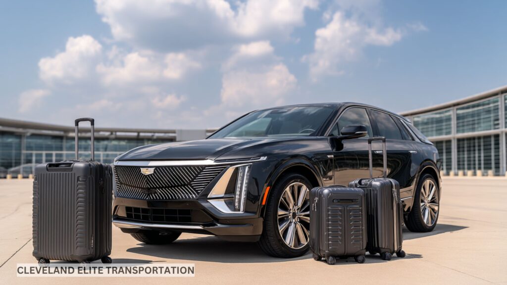 Black 2024 Cadillac Lyriq with luggage beside it, parked at the curb outside Cleveland Hopkins International Airport for private luxury car service.