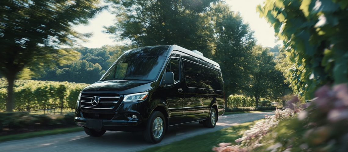 Luxurious limousine arriving at a Cleveland wine tasting event with guests enjoying elegant service.