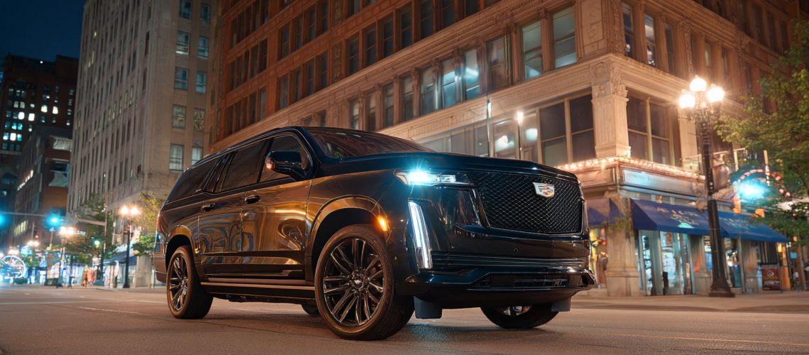 Planning the Perfect Group Night Out in Cleveland Start with the Ride Black Cadillac SUV cruising the vibrant streets of downtown Cleveland, symbolizing luxury and style in group transportation.