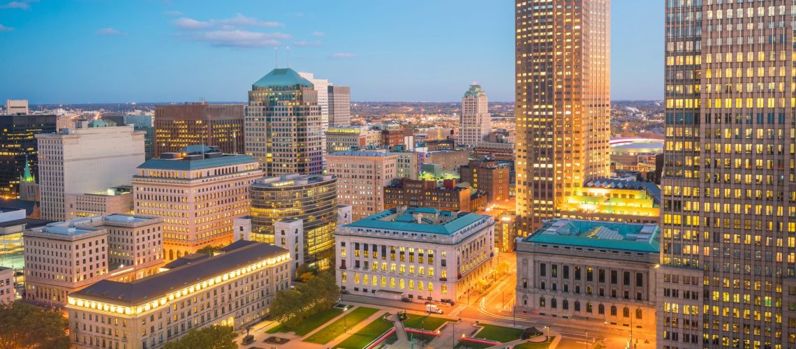 View of downtown Cleveland skyline in Ohio USA at twilight